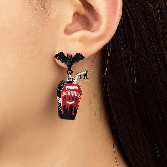 DESIGNER GOTH DRACULA VAMPIRE BLOOD BLACK BAT & COFFIN DANGLE EARRINGS**NEW! - Picture 2 of 3